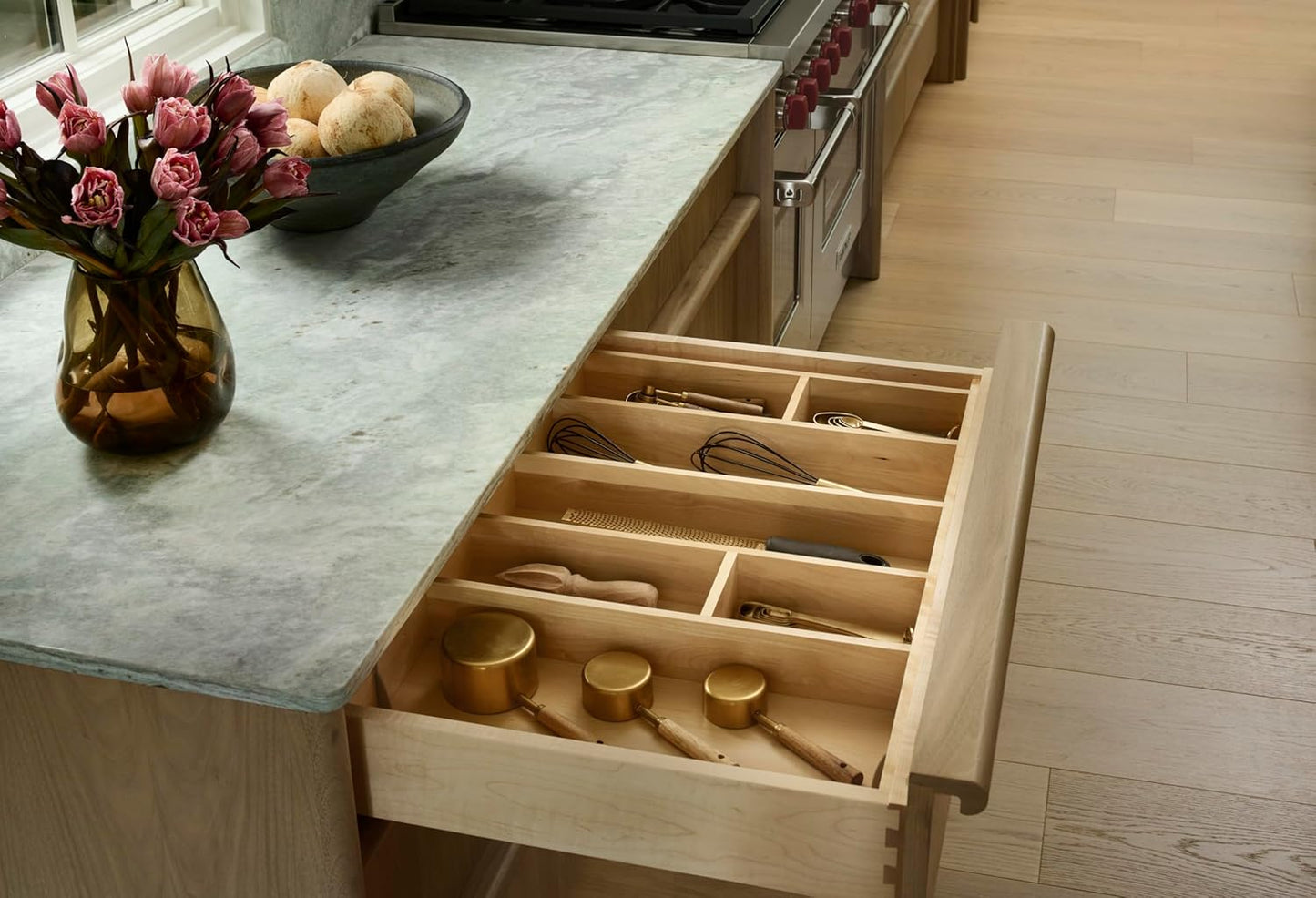 Rev-A-Shelf Trim-to-Fit Silverware Drawer Organizer For Kitchen Utensils, Cutlery Cabinet Storage Divider Insert, 33.13 x 22 In, Maple Wood, 4WUT-36SH