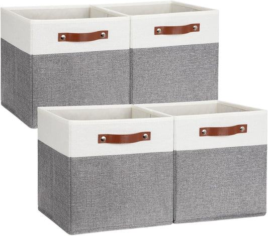DULLEMELO Storage Cubes 12 inch, Collapsible Sturdy Cube Storage Bins With Handles for Organizing,Fabric Storage Baskets for Shelves Nursery Closet Home Organization and Storage (White&Grey-4 Pack)