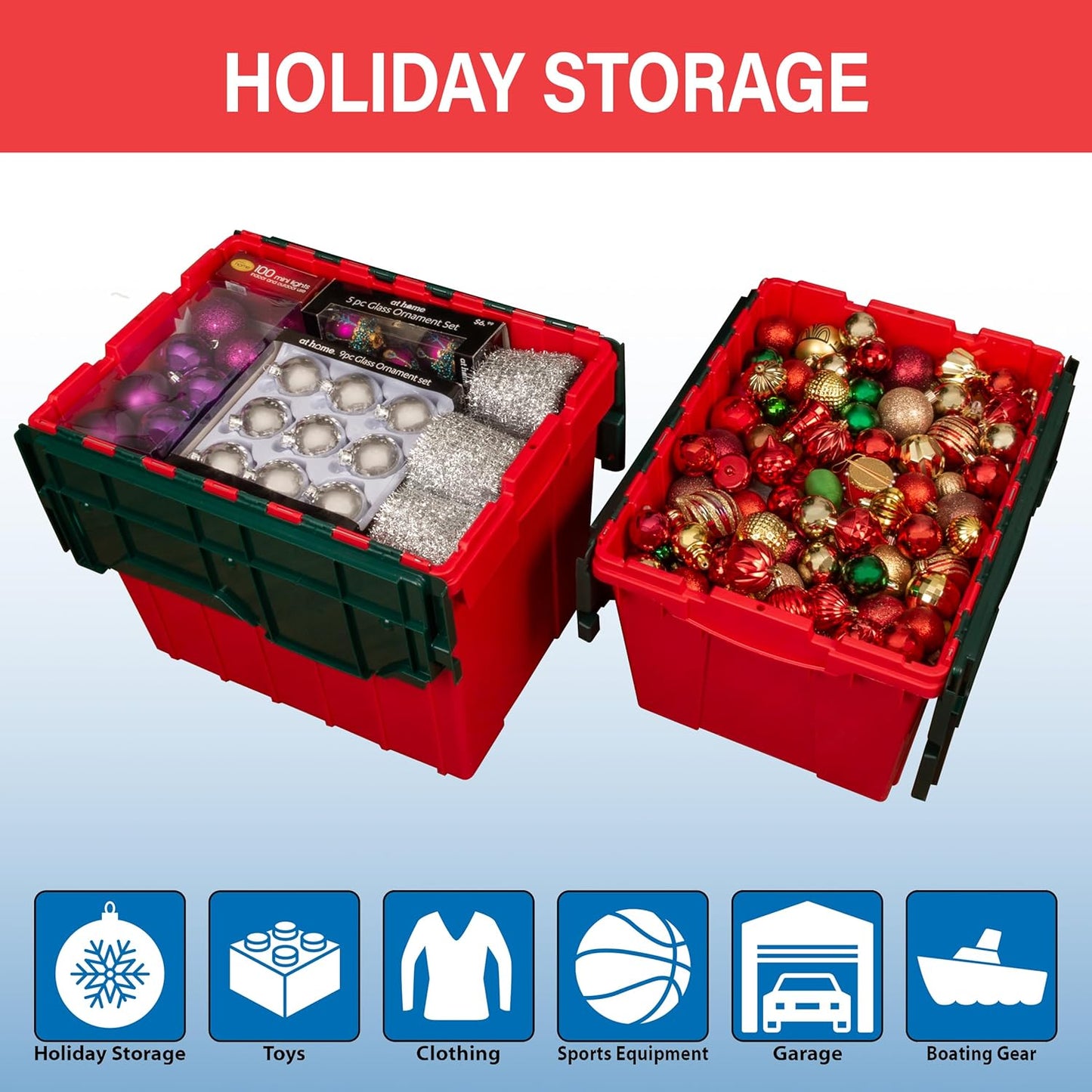 Akro-Mils KeepBox 18 Gallon Storage Container, Nesting and Stackable Plastic Storage Box with Lid Attached, Clear Tote for Garages, Closets, and Moving, 21" x 15" x 17", Red/Green
