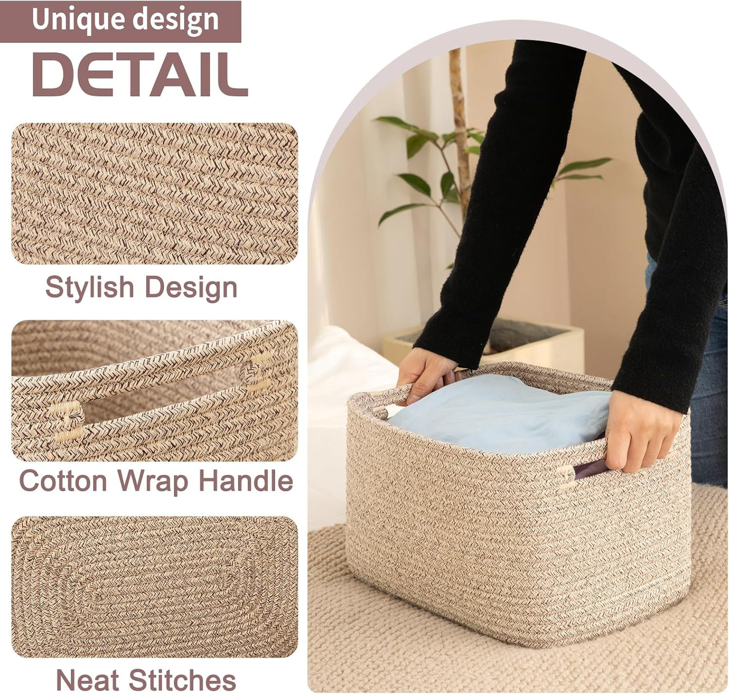 OIAHOMY 4 Pack Storage Baskets for Organizing, Cube Storage Bins for Shelves, Rectangle Storage Baskets With Handles, Woven Baskets for Storage, 12.7''Lx9''Wx7.8''H, Brown