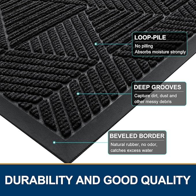 Smiry Half Circle Front Door Mat Outside Entrance, Heavy Duty Sturdy Natural Rubber Doormat, Trap Dirt and Moisture, Low Profile Mats for Indoor Outdoor Entry, Irregular Triangle (47x32, Black)