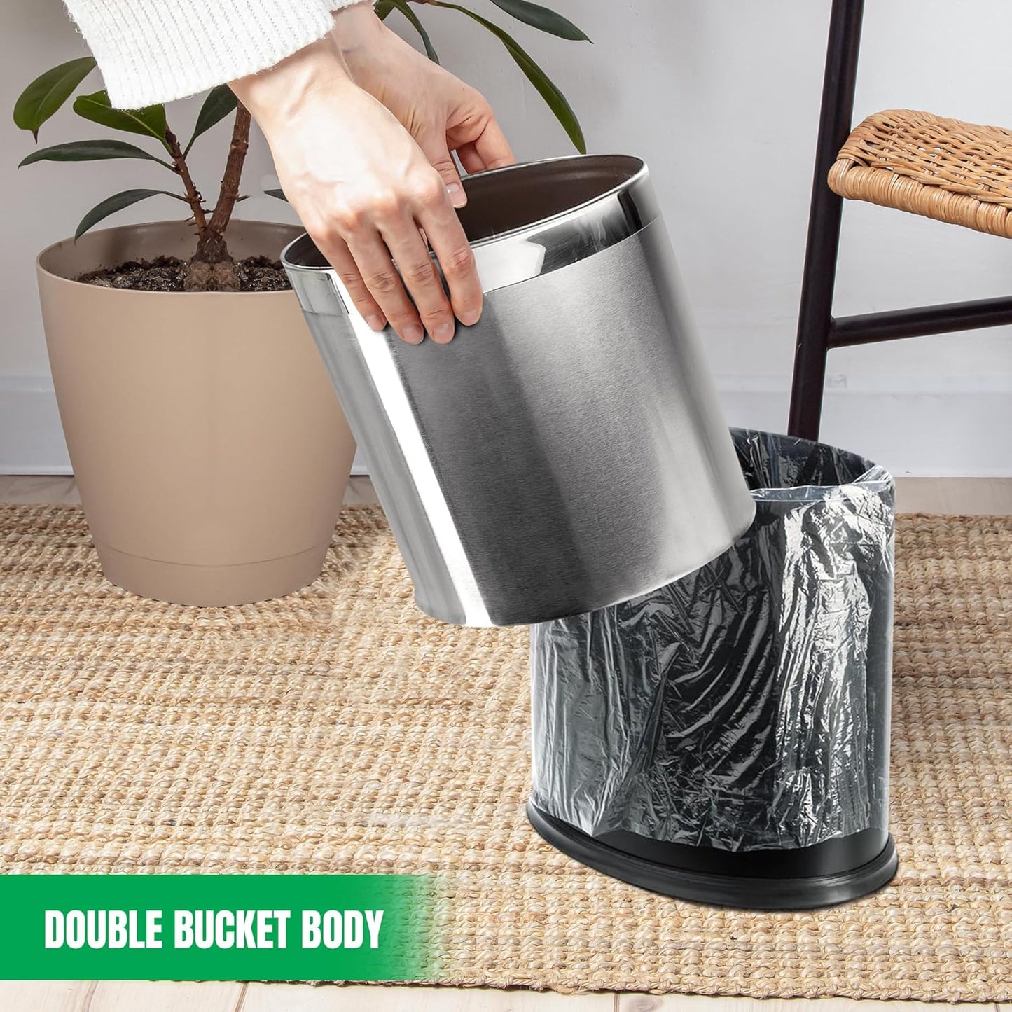 Invisi-Overlap' Open Top Stainless Steel Trash Can, Small Office Wastebasket, Modern Home Décor, Oval Shape
