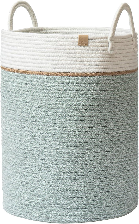 LA JOLIE MUSE Woven Basket Rope Storage Baskets - Tall Cotton Basket, Laundry Basket for Blanket, Kids Toy, Nursery Clothes Hamper Basket, Ivy Green, 72 Liter