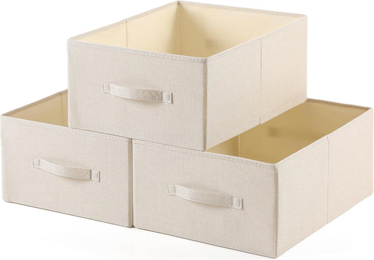 Linen Folding Storage Bins, 3 Pack Large Storage Baskets, Washable, Clothing Storage Bins with Handle, Closet Organizer for Storage Sweater,Sheets(Beige, 18½"x13½"x8½")