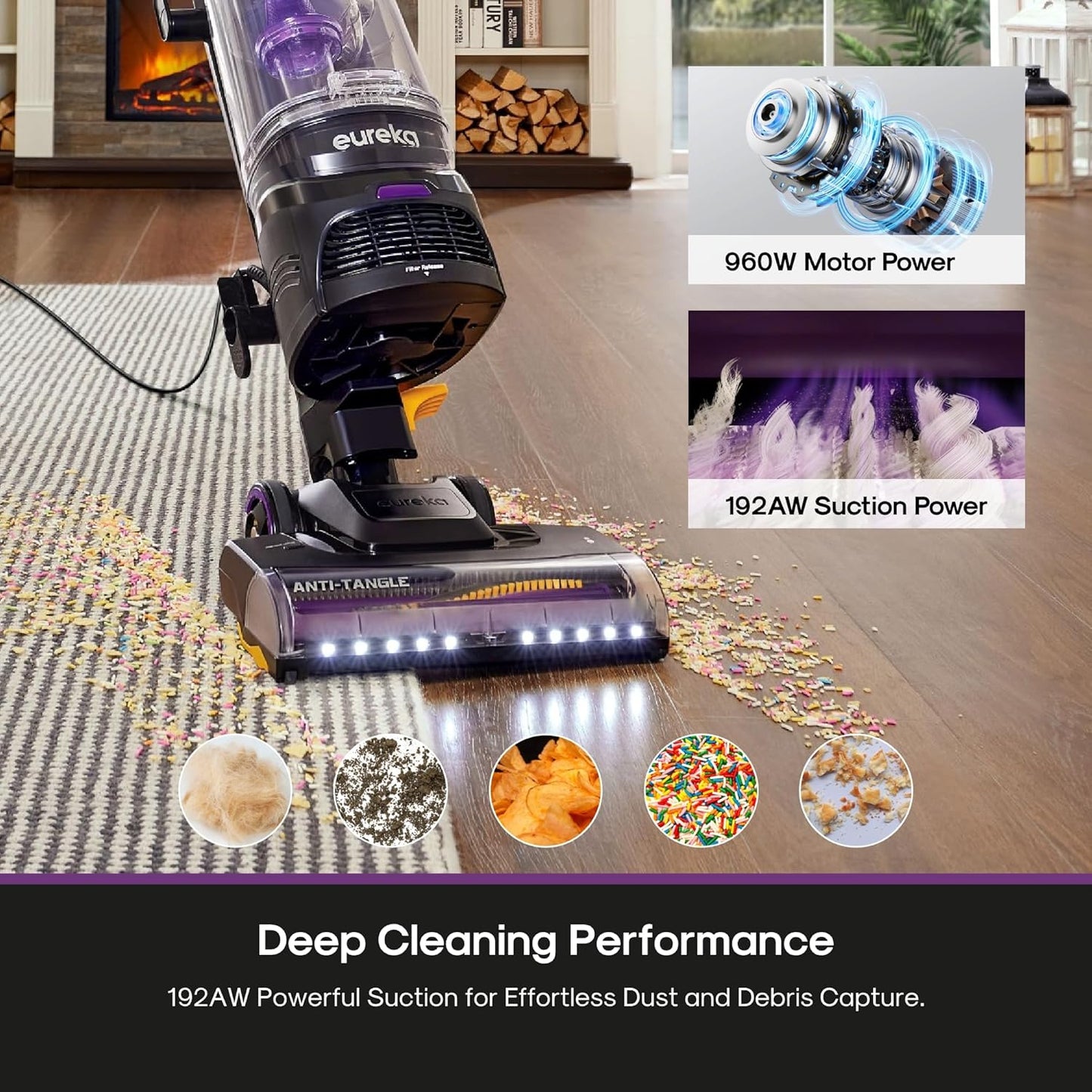 Eureka FlexReach Powerful Upright Vacuum Cleaner for Carpet and Hard Floor, Lift-Up Vacuum with Large Dust Cup, Anti-Tangle, NEU651PL, Purple