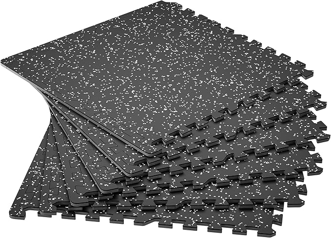 SUPERJARE 0.4'' Thick 6 Pcs 24 Sq Ft Rubber Top Exercise Equipment Mats, High Density EVA Foam Mats with Rubber Top, Interlocking Gym Flooring for Home Gym, Protective Workout Mat, Black/Grey