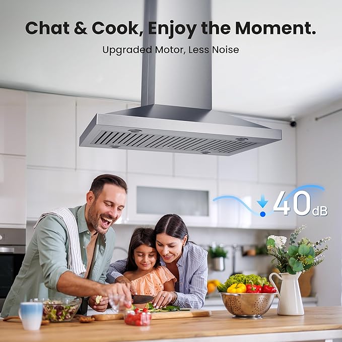 30 Inch Island Range Hood, 390 CFM kitchen Hood with Dual-Sided Touch/Gesture Control, Convertible Ducted/Ductless, Ceiling Mount, 3 Stainless Steel Baffle Filters, 3-Speed Fan