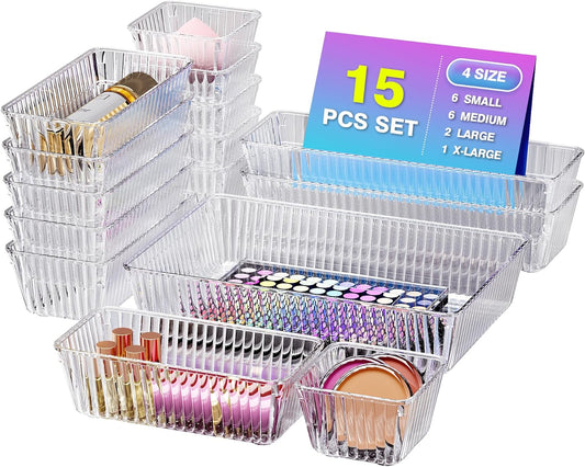 15 PCS Clear Plastic Drawer Organizer Set - 4 Sizes Makeup Organizer Desk Drawer Divider Bathroom Organizers and Storage Bins for Makeup, Jewelry, Gadgets, Office, Kitchen, Bedroom, Bathroom