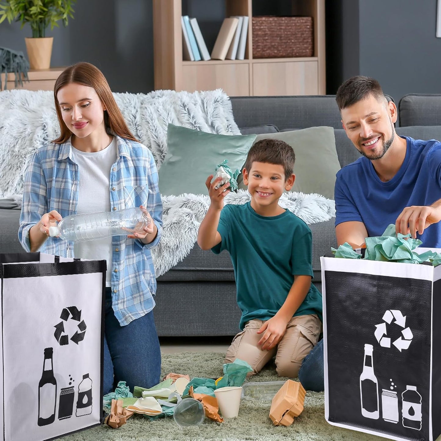 Recycle Waste Bag for Kitchen Home- Indoor Recycling Bins Trash Sorting Organizer, Reusable and Waterproof, 2 Pack