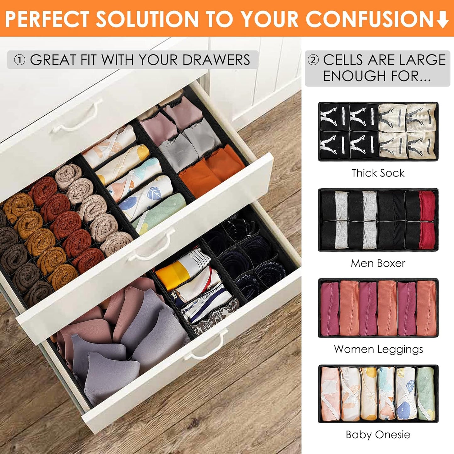 6 Pack Sock Underwear Drawer Organizer Dividers, 58 Cell Foldable Fabric Dresser Closet Organizers and Storage Bins for Clothing, Baby Clothes, Bra, Panty, Scarf, Ties (Black)