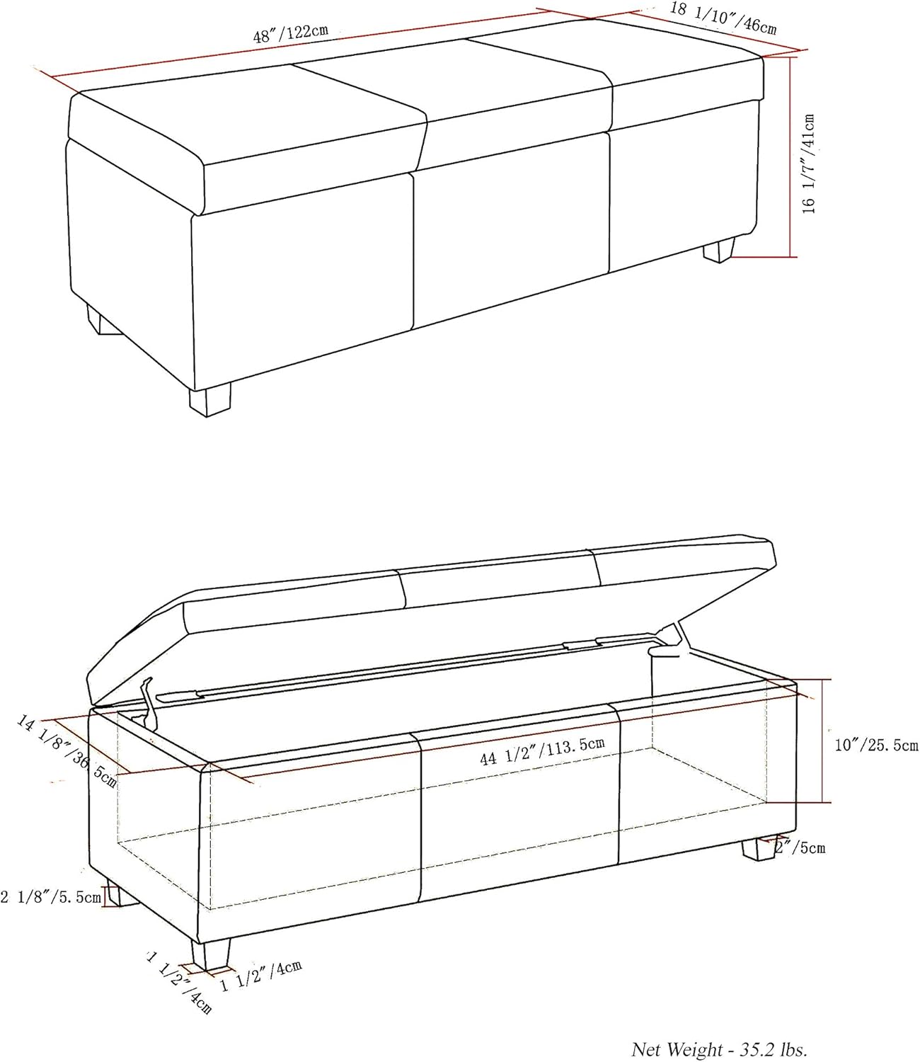 SIMPLIHOME Avalon 48 inch Wide Contemporary Rectangle Storage Ottoman Bench in Red Vegan Faux Leather, Assembled, for the Living Room, Entryway and Family Room
