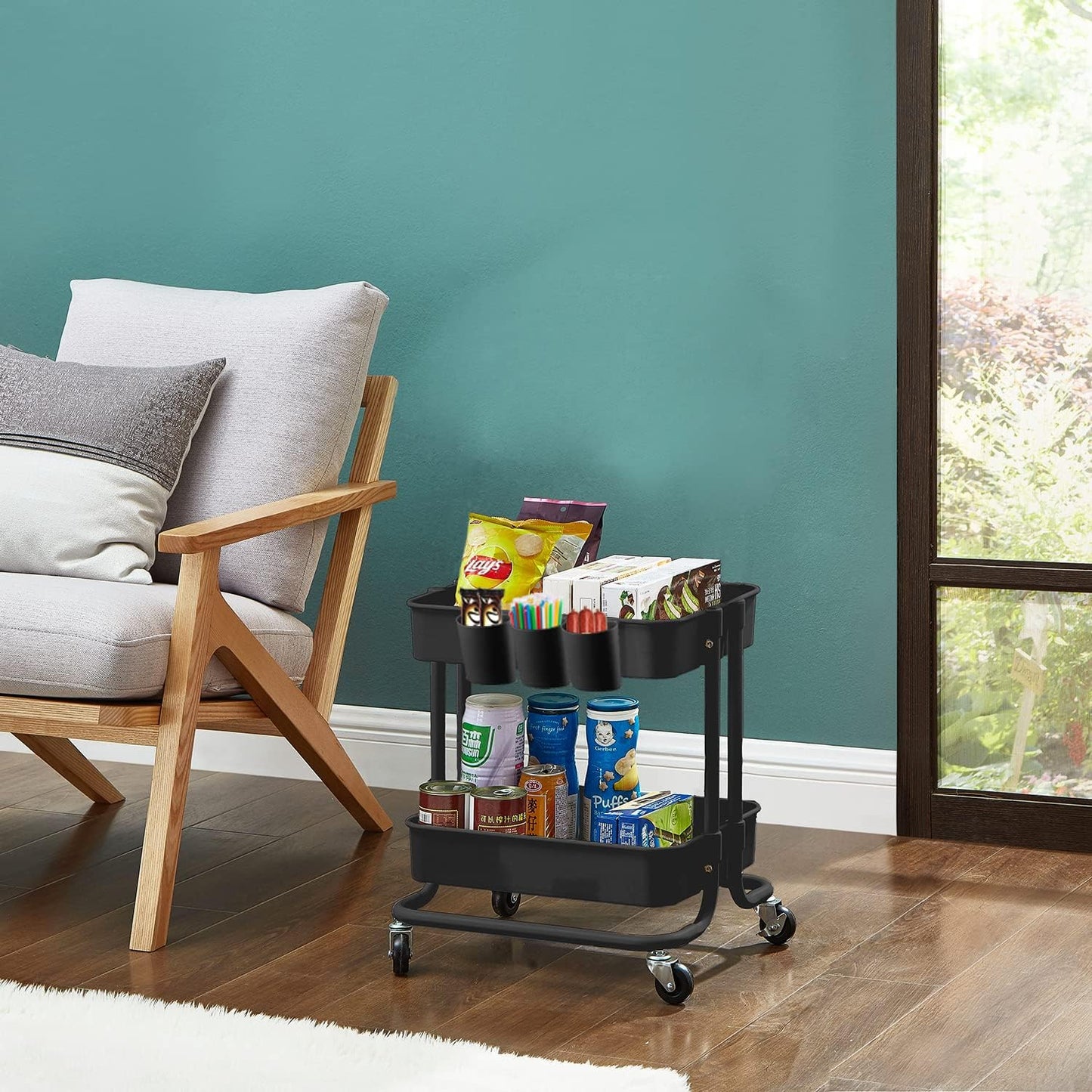 Melody House 2-Tier Utility Rolling Cart Storage Sofa Side Table with Wheels, Mobile Trolley Organizer with for Office Home Kitchen Organization, Black