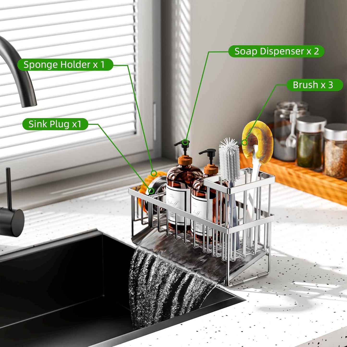 Cisily Extra Large Silver Kitchen Sink Caddy Organzier with High Brush Holder, Sponge Holder for Sink, 304 Rustproof Stainless, Kitchen Countertop Soap Dispenser Organizer For Decor and Accessories