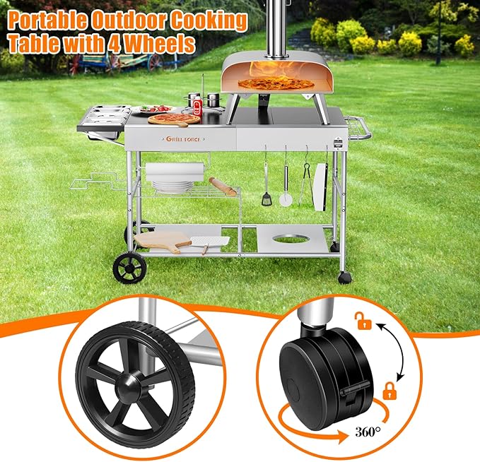 Pizza Oven Table with Topping Station, Outdoor Pizza Oven Cart, Grill Table for Outside, Grill Cart, Food Prep Work cart Fits for Ninja Woodfire Grill, Blackstone Griddle,Tabletop Grill