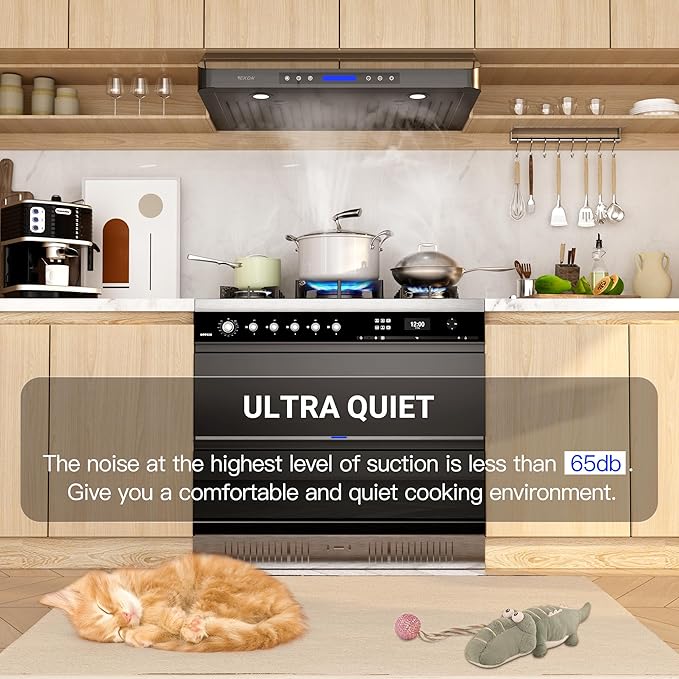 EKON 42 inches Black Under Cabinet Range Hood, 900 CFM Stainless Steel Kitchen Chimney Vent, 4 Speed Touch Screen Control With Remote 2Pcs 3W LED lights Dishwasher-safe Filters Fan Timer