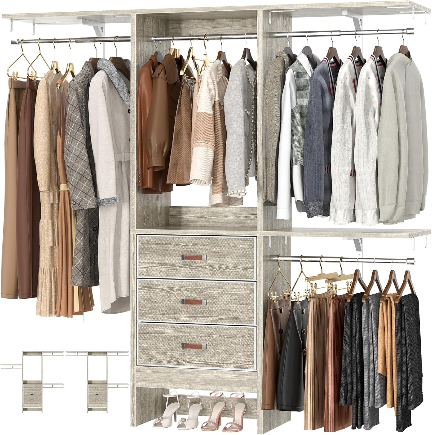 Armocity 5FT Small Closet System with 3 Fabric Drawers, 60'' Walk In Closet Organizer System With 3 Adjustable Shelves, Heavy Duty Clothes Rack Built-In Garment Rack, 59" L x 16" W x 71"H, White Oak