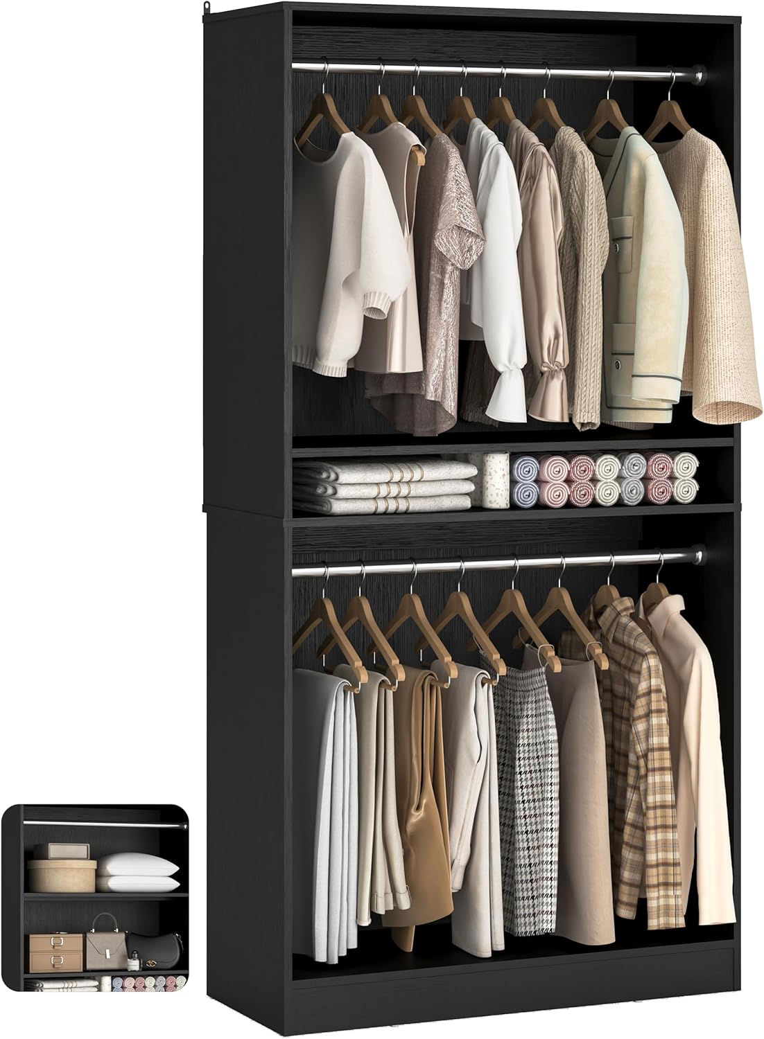 Unikito 3FT Freestanding Closet System with 2 Hanging Rods & Adjustable Shelve, 36'' Wood Closet Organizer System, Clothes Garment Rack, Sturdy Walk-in Closet Tower, Easy Assembly, Hold 800LBS, Black