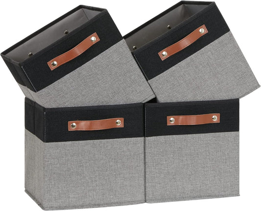 Temary 11 x 11 Cube Storage Bins Fabric Storage Cubes for Shelf, Closet, 4 Pack Cube Basket for Clothes, Storage Cube Bins with Leather Handles(Black&Grey)