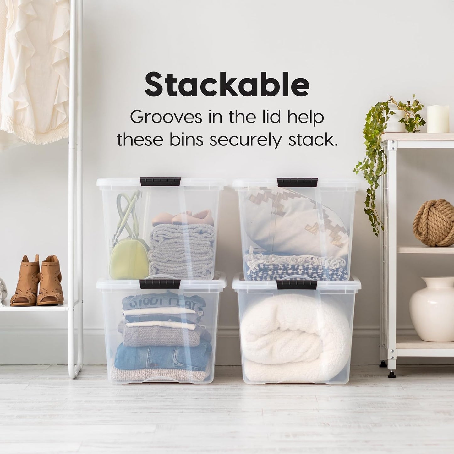 IRIS USA 72 Qt Stackable Plastic Storage Bins with Lids, 6 Pack - BPA-Free, Made in USA - See-Through Organizing Solution, Latches, Durable Nestable Containers, Secure Pull Handle - Clear