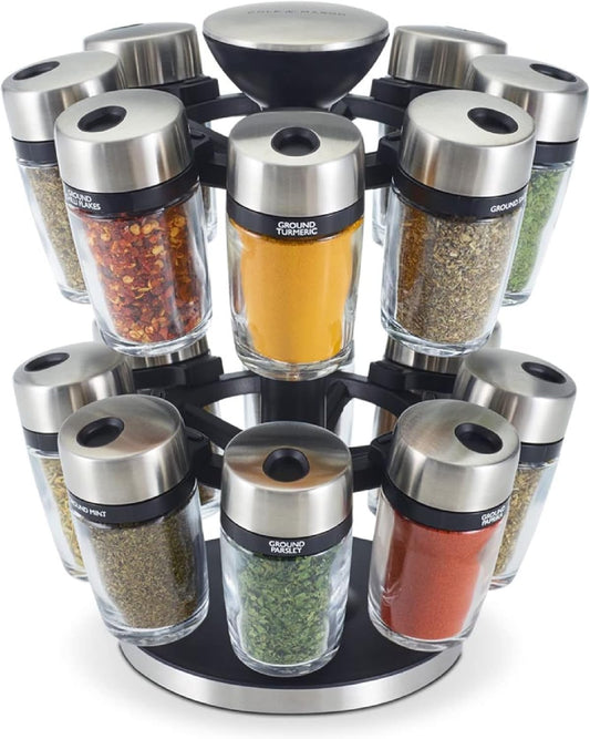 Cole & Mason 16 Herb & Spice Carousel - Rotating Spice Rack - Metal Two-Tier Organizer - Lazy Susan Style - Stainless Steel/Black, 10 inch