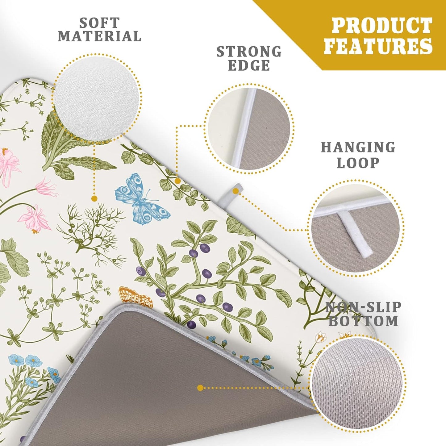 Wild Flowers Plant Dish Drying Mats for Kitchen Counter 16x18 Inch,Sage Herbs Kitchen Drying Mat,Botanical Plant Dishes Pad Dish Drainer Rack Mats Absorbent Fast Dry Kitchen Accessories