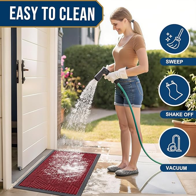 Smiry Front Door Mat Outside Entrance, Heavy Duty Sturdy Natural Rubber Doormat, Trap Dirt and Moisture, Easy Clean Low Profile Mats for Indoor Outdoor Entry, Irregular Triangle (47x32, Wine Red)