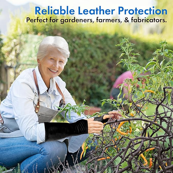 Arm Chaps Leather Protective Sleeves Arm Guard - Prevent Cuts, Scratches & Bruises - Genuine Cowhide - Ideal for Gardening & Construction - Left & Right Form-Fitting. Black (1 Pair/X-Large).