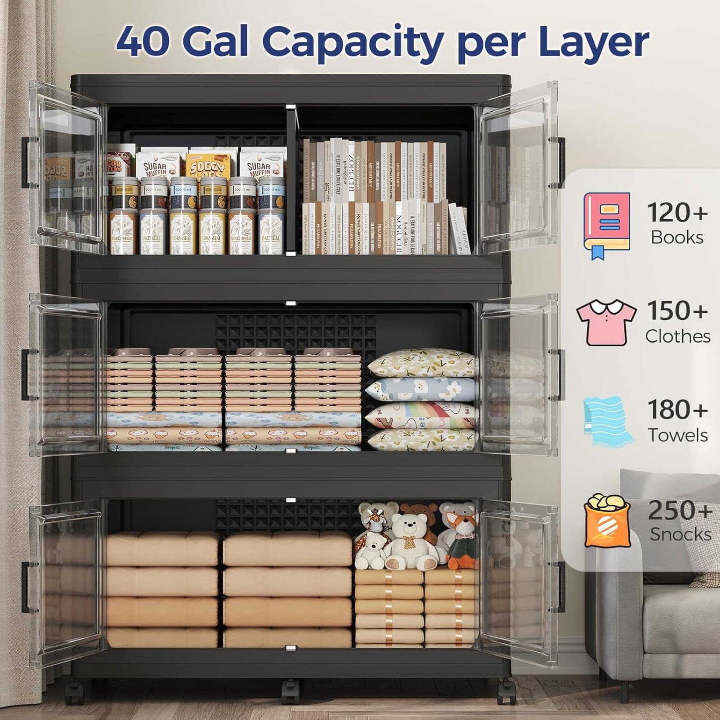 200GAL Extra Large Storage Bins with Lid, 800Qt Stackable Closet Organizers and Drawers, Collapsible Storage Bins with Wheels, Folding Storages Cabinet for Home Bedroom Office, 5Pack Black