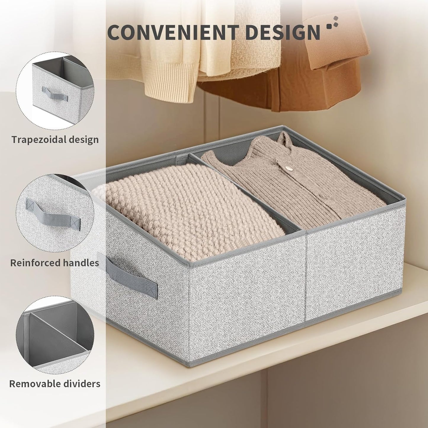 DIMJ Large Closet Shelf Organizer Bins 6 Packs with Handles and Divider, Fabric Trapezoid Storage Baskets, Foldable Clothes Containers Box for Shelf, Towel, Book, Toy, Purse, Hats, Grey