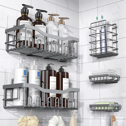 EUDELE 5-Pack Rustproof Stainless Steel Shower Caddy – No Drill Adhesive Bathroom Organizer with Large Capacity, Spacious Shower Shelves for Inside Shower, Kitchen & Home Decor Storage-XL Size