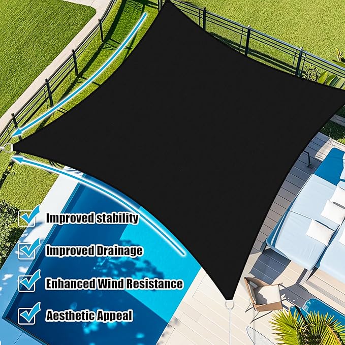 Amagenix Sun Shade Sail 12'X15' Curved Edge Outdoor Shade Canopy Black Breathable 95% UV Block Shade Cloth for Patio Garden Backyard (We Make Custom Size)