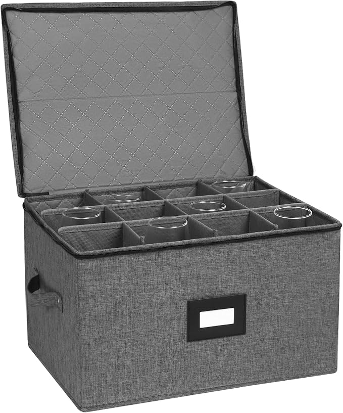 Mayniu Stemware Storage Containers, Wine Glass Storage Box with Dividers for Glasses, Glassware, Crystal, Wine Glass Packing Boxes for Moving, Hard Shell Top Sides Bottom and Stackable (Black)