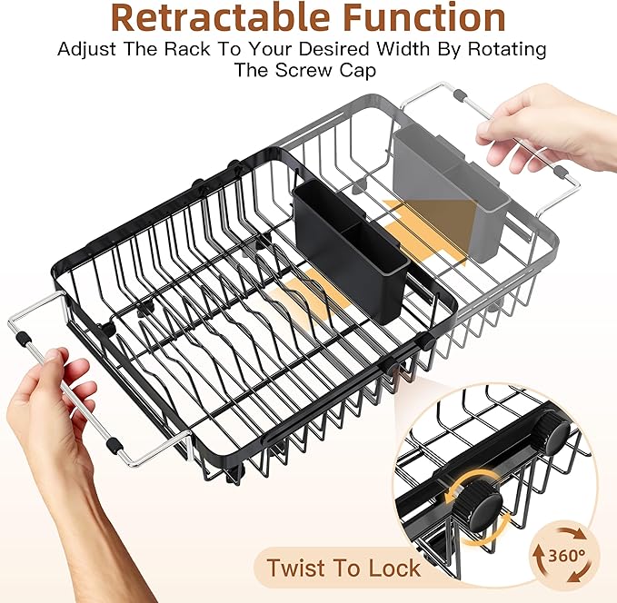 romision Expandable Dish Drying Rack Over The Sink Small Metal Stainless Steel Plate Holder for Compact Kitchen, Space Saving Modern Black Hanging Drainer
