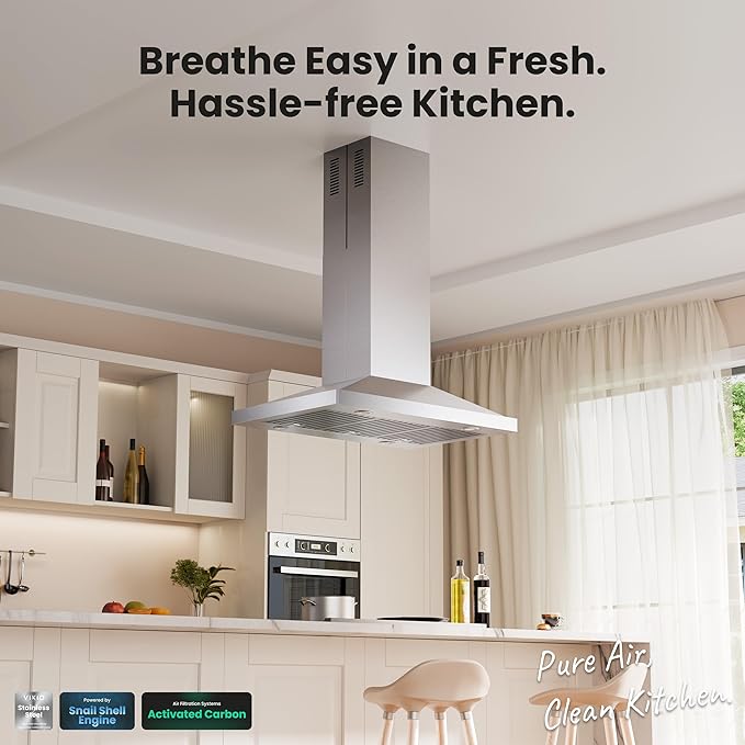 30 Inch Island Range Hood, 390 CFM kitchen Hood with Dual-Sided Touch/Gesture Control, Convertible Ducted/Ductless, Ceiling Mount, 3 Stainless Steel Baffle Filters, 3-Speed Fan