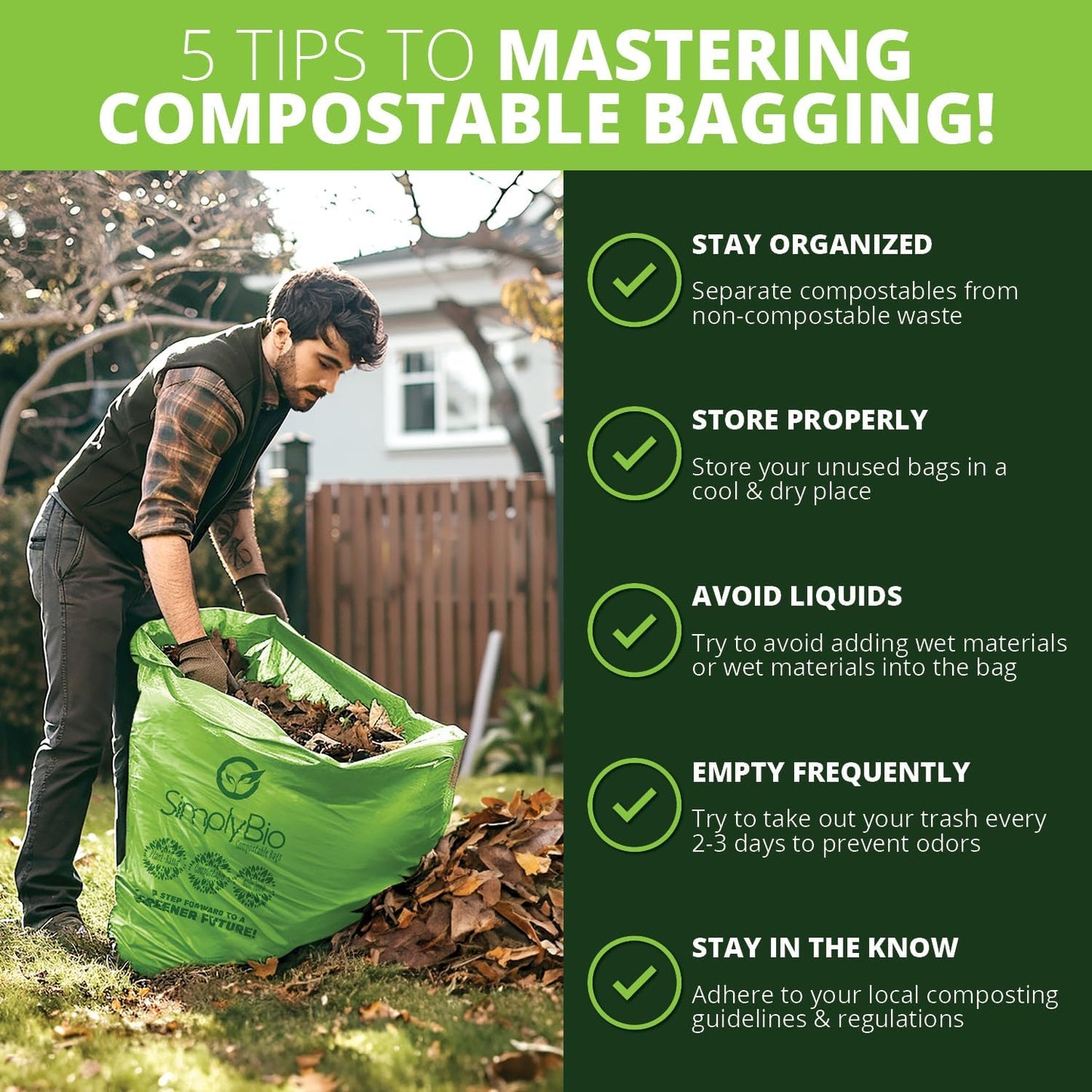 Simply Bio 50-55 Gallon Compostable Trash Bags Liners Flat-Top, Heavy Duty Extra Thick 2 Mil, 208.2 Liter, 12 Bags, Lawn, Yard, and Restaurant Use, ASTM D6400, US BPI, OK Compost Home Certified