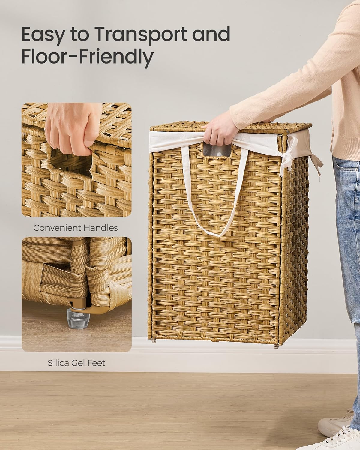 SONGMICS Laundry Hamper with Lid, 42.3 Gallon (160 L) Synthetic Rattan Clothes Laundry Basket with Lid and Handles, Foldable, Removable Liner, Goose Yellow ULCB216Y01