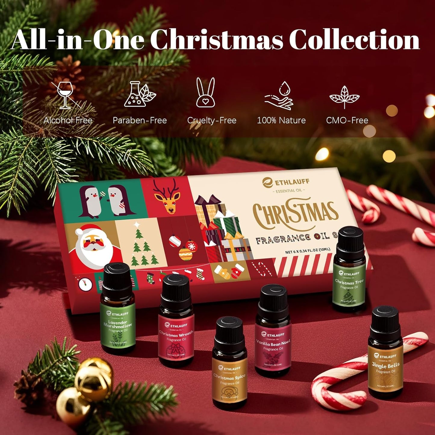 Essential Oils Set,Jingle Bells, Christmas Wreath, Christmas Tree, Christmas Spice, Vanilla Bean Noel, Lavender Marshmallow