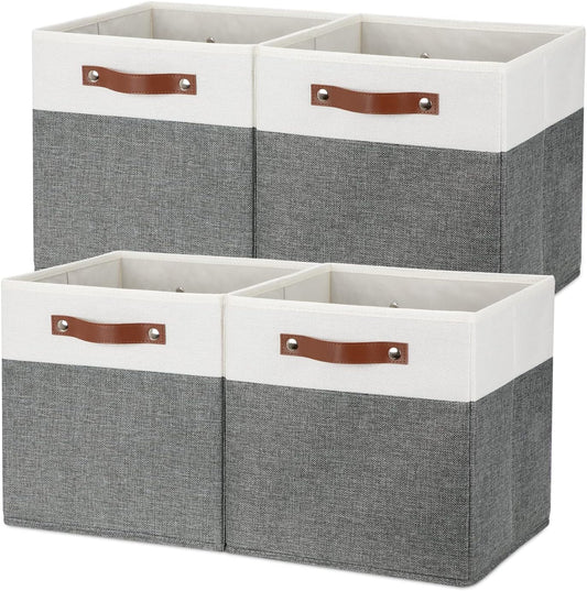 Temary Storage Cubes 12ﾗ12 Fabric Cube Storage Bins Foldable Storage Baskets with Handles, Decorative Storage Boxes for Organizing, Home, Office, Nursery, Shelf, Closet (White & Grey, 12 x 12 x 12)