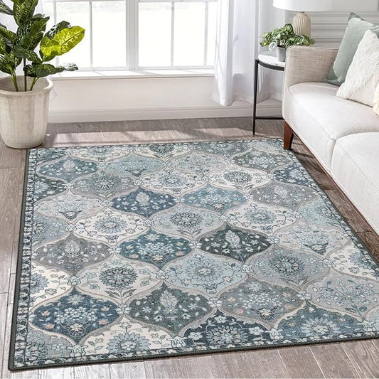 Lahome Moroccan Machine Washable Area Rugs, 4x6 Rug for Living Room Bedroom, Soft Non-Slip Rug Vintage Trellis Ultra-Thin Throw Carpet for Dining Room Office, Blue