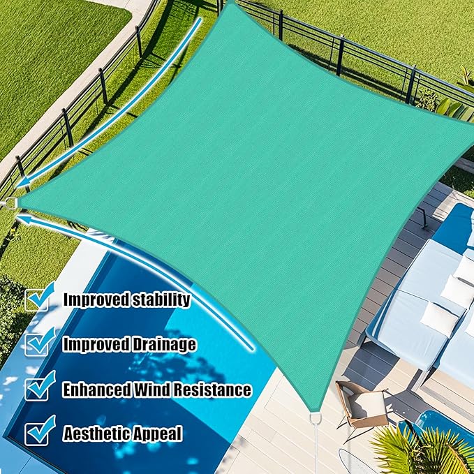 Amagenix Sun Shade Sail 15'X15' Curved Edge Outdoor Shade Canopy Turquoise Breathable 95% UV Block Shade Cloth for Patio Garden Backyard (We Make Custom Size)