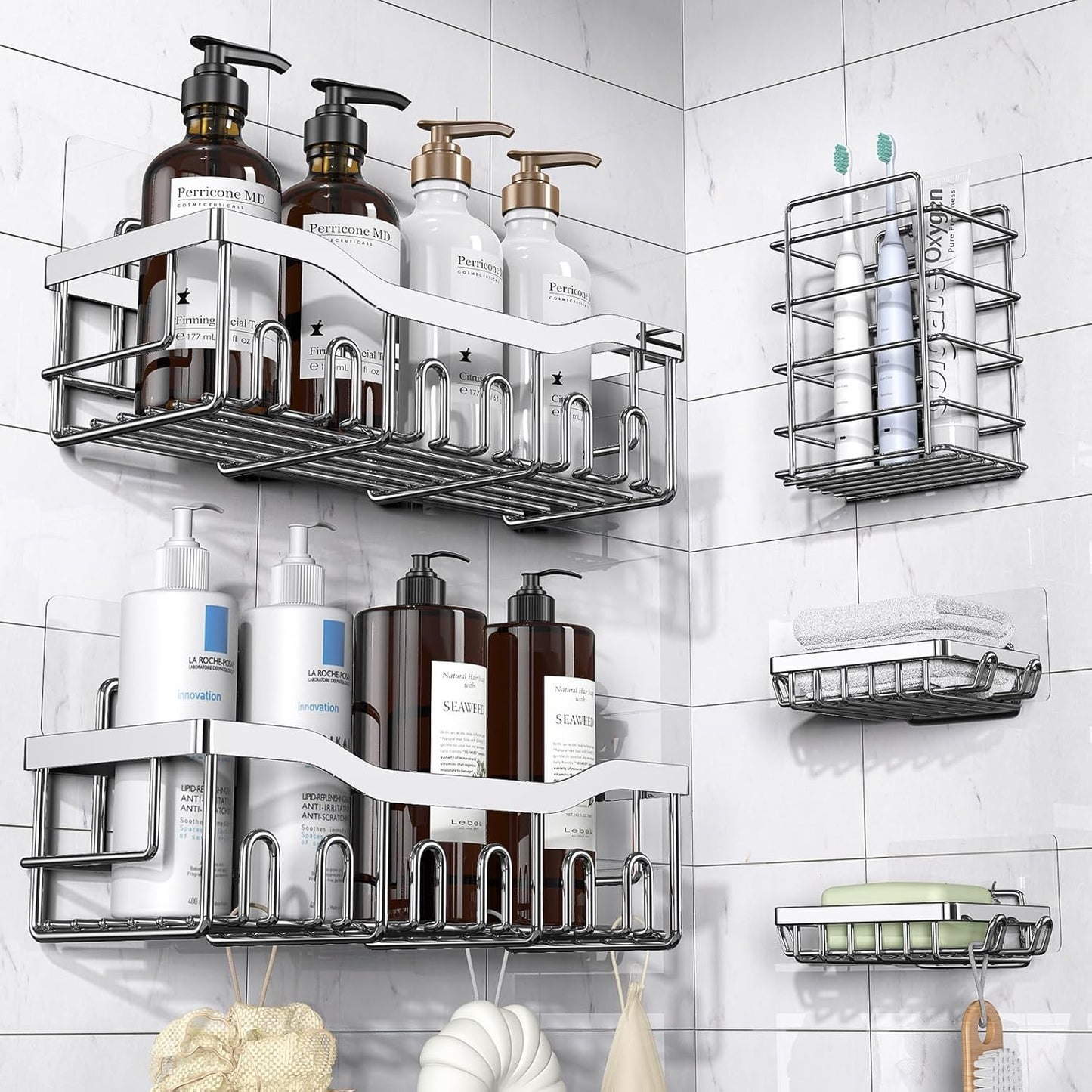 EUDELE 5-Pack Rustproof Stainless Steel Shower Caddy – No Drill Adhesive Bathroom Organizer with Large Capacity, Spacious Shower Shelves for Inside Shower, Kitchen & Home Decor Storage-XL Size