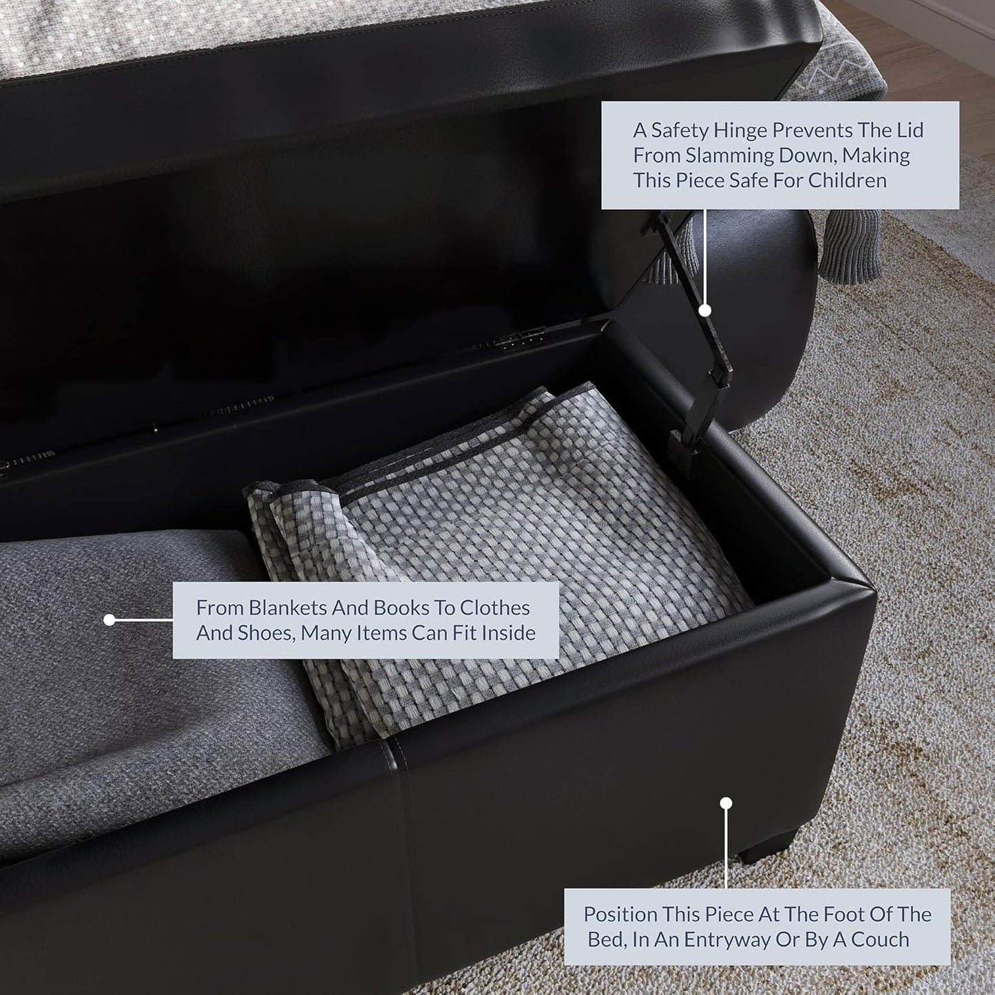 BELLEZE Storage Faux Leather Ottoman, 47 Inch Bench Bedroom Bench with Safety Close Hinge, Extra Long Ottoman with Storage for Living Room, Entryway, Hallway, Foot Rest, Support 300lbs - Black