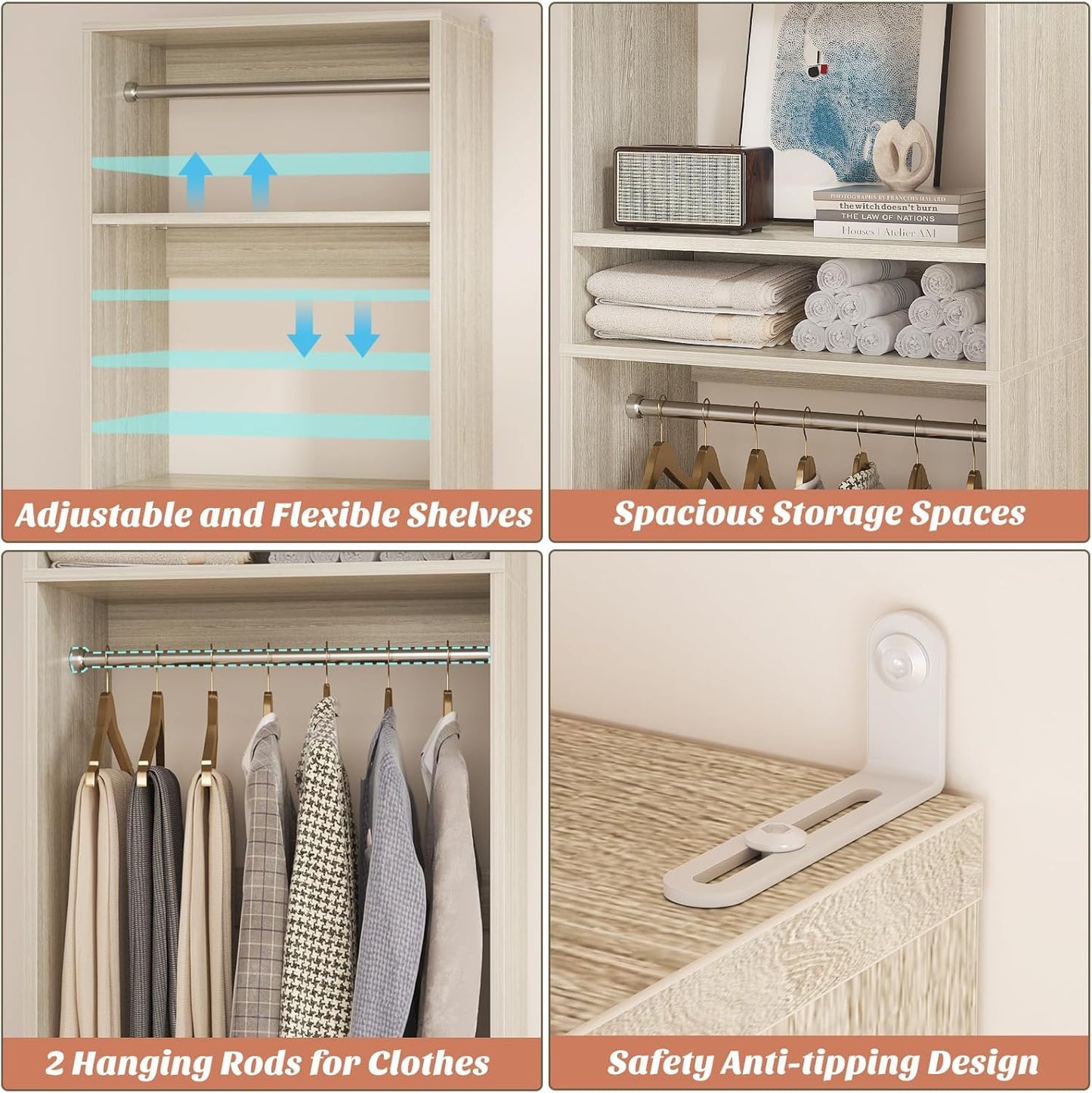 Unikito 25” Closet System, Freestanding Closets Organizer Wardrobe with Hanging Rods and Shelves, Adjustable Clothes Garment Racks, Sturdy Walk in Closet Tower, 25"W x 16"D x 80"H, White Oak