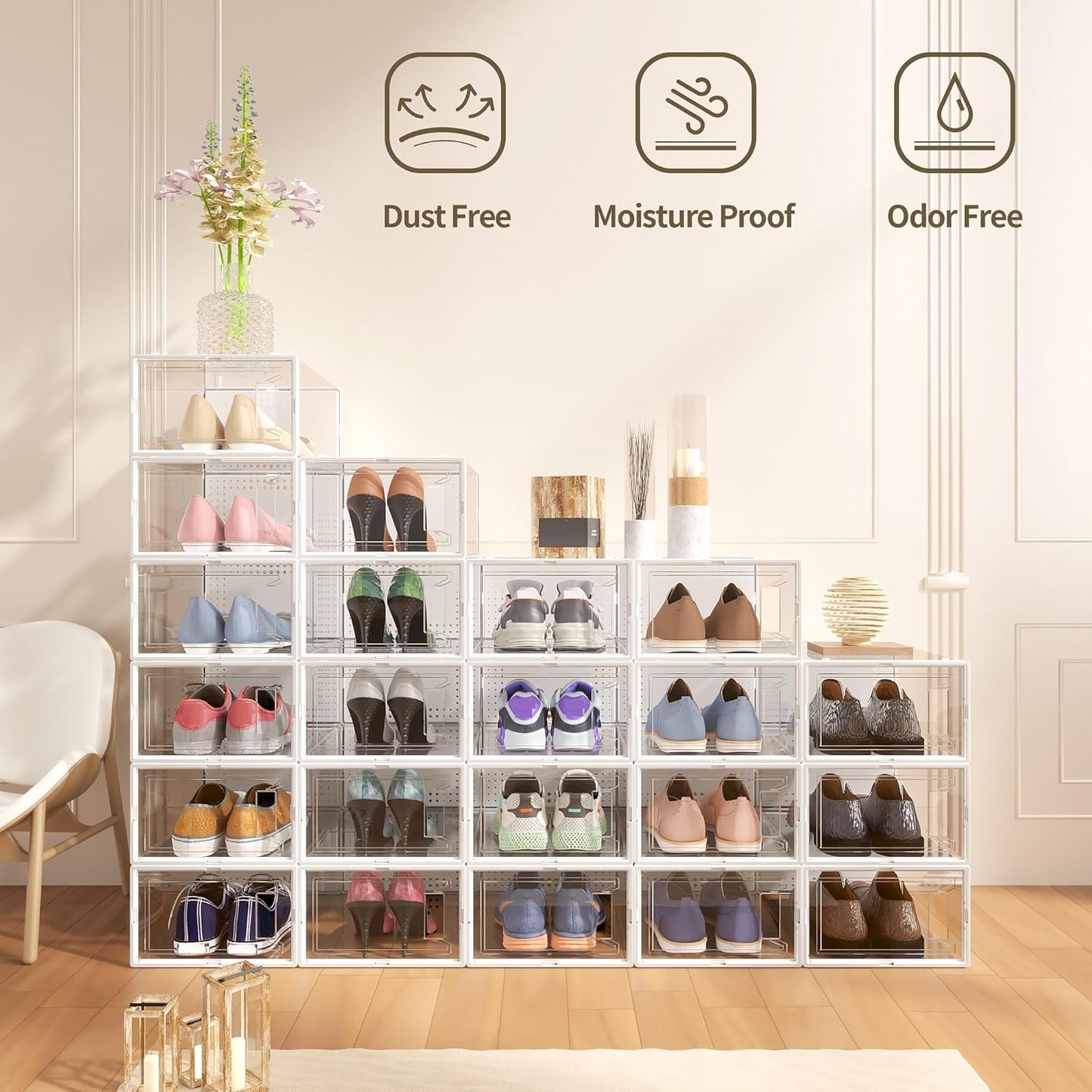 Secret Space 12 Pack Large Shoe Organizer Storage Boxes for Closet, Modular Space Saving Shoe Boxes Clear Plastic Stackable Sneaker Containers Display Case with Lids, White02