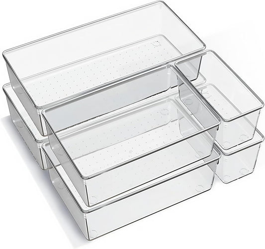 6 Pack Large Clear Plastic Drawer Organizer Trays – Non-Slip Storage Bins for Kitchen Utensils, Makeup, Jewelry, Bathroom, and Office Desk – Multi-Use Plastic Drawer Dividers for Home Organization