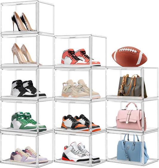12 Pack Thicken Shoe Rack Organizer for Closet Acrylic Shoe Box with Magnetic Door Sneaker Display Case Handbag Purse Organizer, Fit up to US Size 14