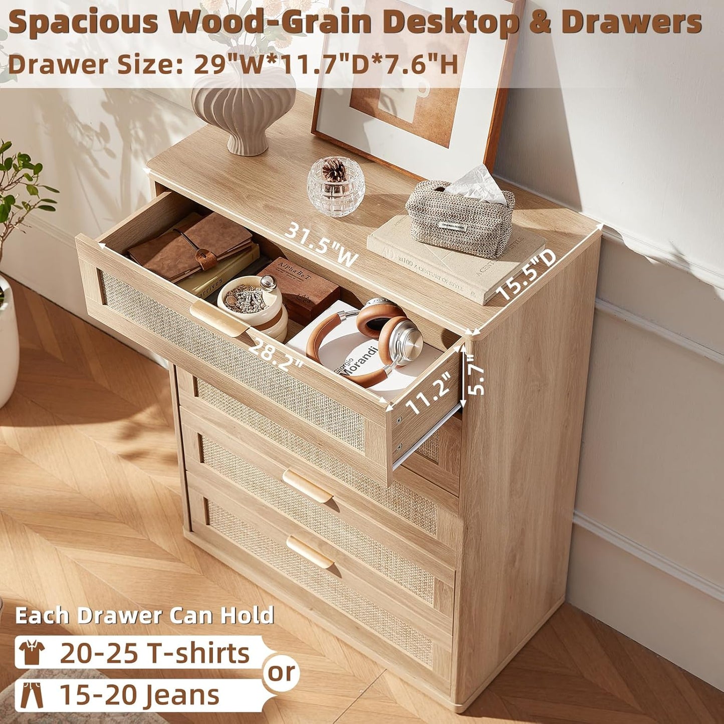 LEYAOYAO Rattan Dresser for Bedroom Set 2, 41" Tall Chest of Drawers, Modern 5 Drawers Boho Dressers with Storage, Light Oak Dresser Wooden Closet Organizer for Living Room, Hallway, Natural Wood