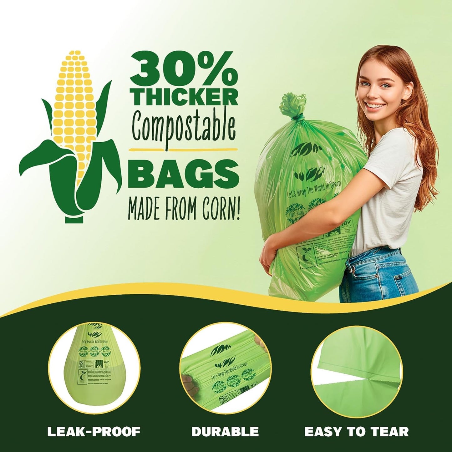 30-33 Gallon Compost Bags 30 Bags Yard Waste Bags Flat-Top Liners Compostable Trash Bags Heavy Duty Extra Thick 1.57 Mil, 124.92 Liter Lawn and Leaf Bags BPI ASTM D6400 and OK Compost Home Certified