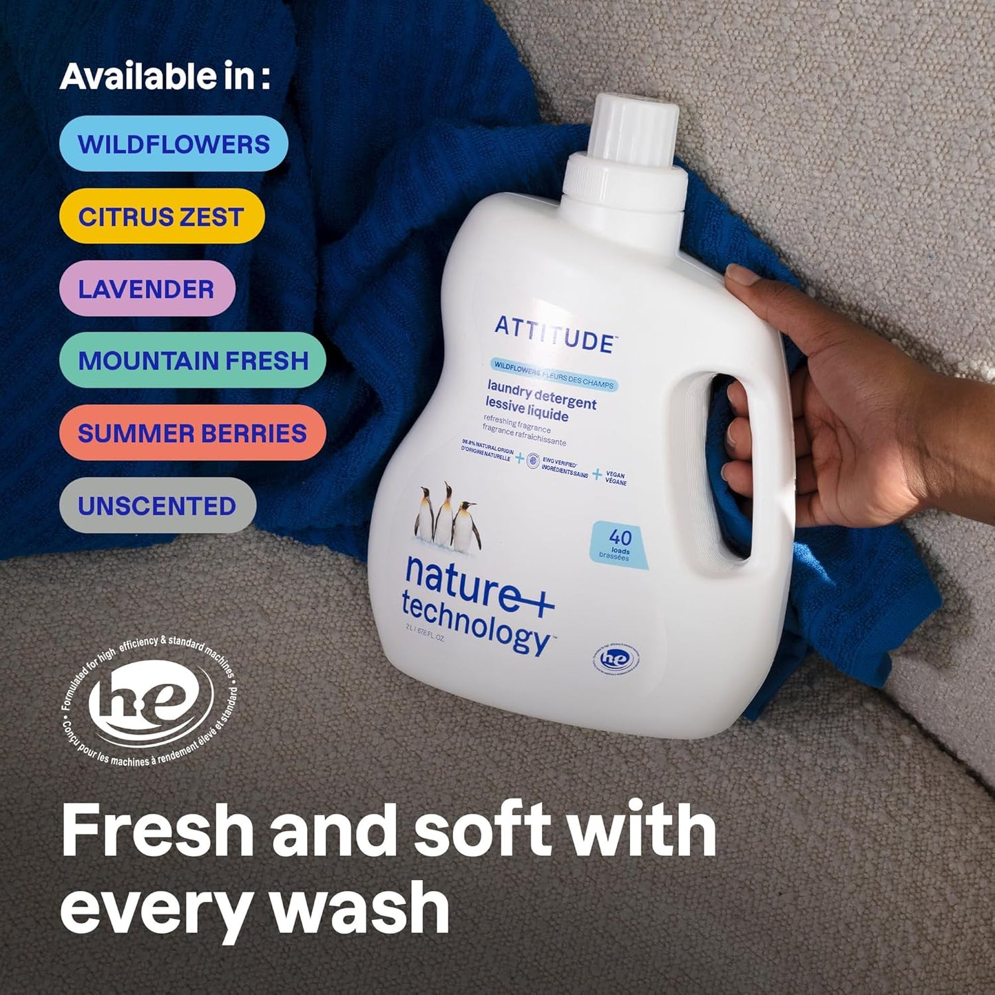 ATTITUDE Liquid Laundry Detergent, EWG Verified, HE Compatible, Plant-Based & Vegan, Natural Laundry Soap, Unscented, 40 Loads, 67.6 Fl Oz