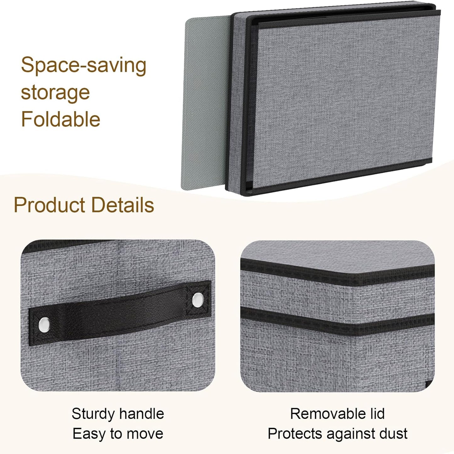Storage Boxes, 15 x 9.8 x 8.3 Inch Baskets for Organizing with Lids, Fabric Bins with Handles, Decorative Linen Closet Organizers, Gray, 5 Pack